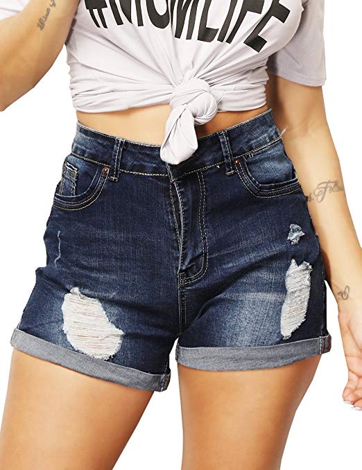 High Waisted Folded Hem Ripped Jeans Shorts