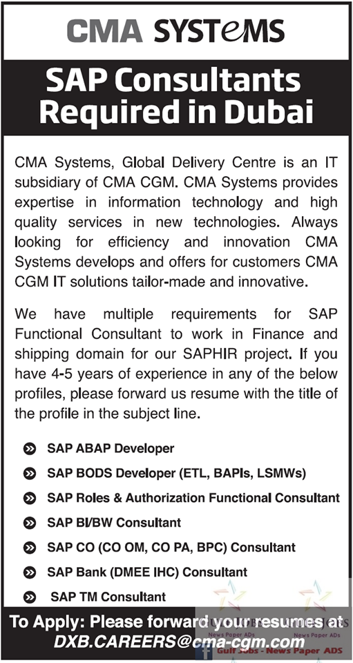 SAP Consultants required in Dubai