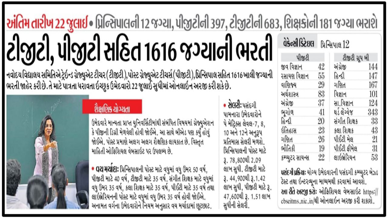 NVS Recruitment For 1616 Vacancies 2022 @navodaya.gov.in