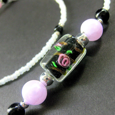 Beaded Badge Lanyard - Midnight Roses