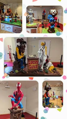 Collage of chocolate sculptures that resemble cartoon characters at the Obidos Chocolate Festival