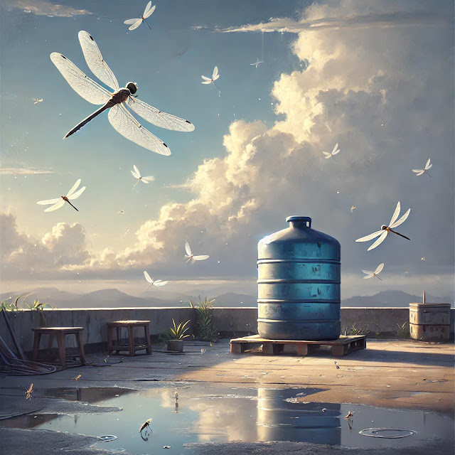 Dragonflies hover near a water tank with storm clouds in the distance