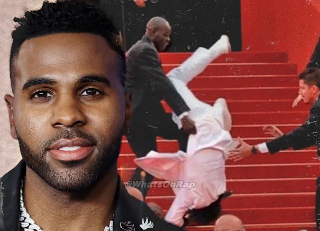 Jason Derulo falls down the Met Gala red carpet stairs