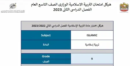 هيكل امتحان التربية الاسلامية الوزارى الصف التاسع العام الفصل الدراسى الثانى 2023