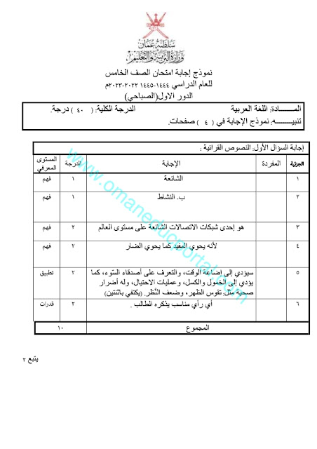 نموذج اجابة اختبار اللغة العربية للصف الخامس الفصل الاول الدور الاول 2022-2023 محافظة الداخلية