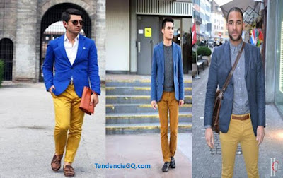 combinar-mezclar-fresco-verano-casual-pantalón-mostaza-chaqueta azul-eléctrico-camisa-azul-negro