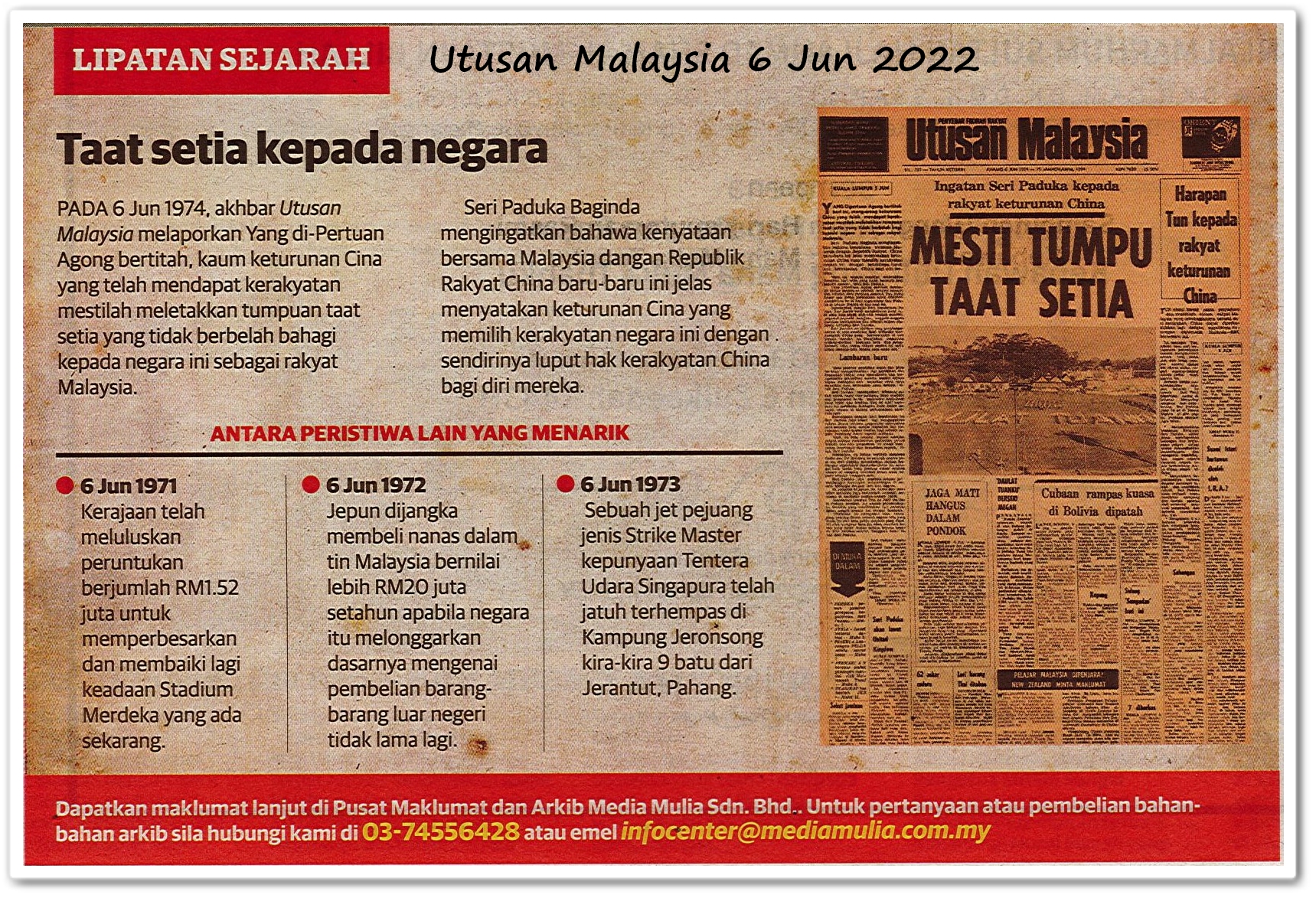 Lipatan sejarah 6 Jun - Keratan akhbar Utusan Malaysia 6 Jun 2022