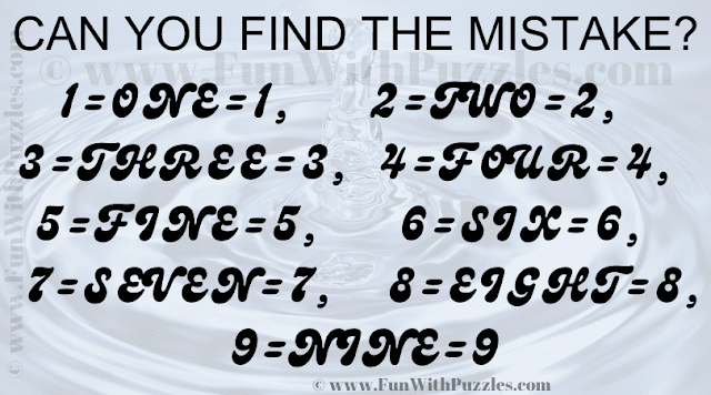 CAN YOU FIND THE MISTAKE? 1=ONE=1, 2=TWO=2, 3=THREE=3, 4=FOUR=4, 5=FINE=5, 6=SIX=6, 7=SEVEN=7, 8=EIGHT=8, 9=NINE=9
