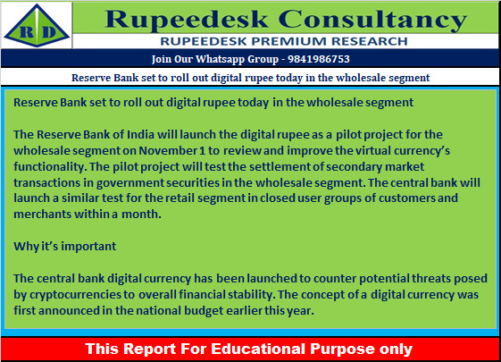 Reserve Bank set to roll out digital rupee today in the wholesale segment - Rupeedesk Reports - 01.11.2022