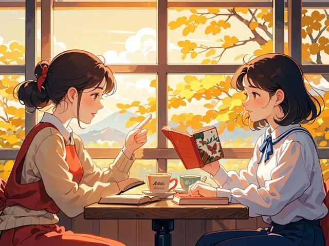 카페 창가에서 『데미안』을 읽고 서로의 감정을 이야기하는 20대 대한민국 여성들의 모습