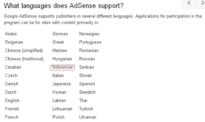 Google Adsense Support Bahasa Indonesia