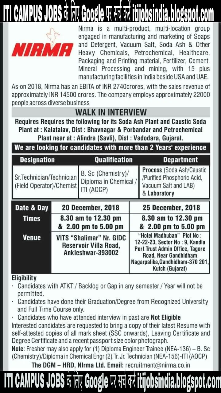 Nirma Company ITI Campus Placement Jobs