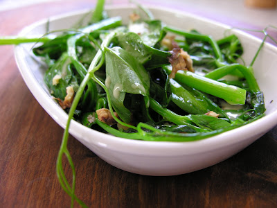 Sauteed Pea Shoots with Grainy Mustard Vinaigrette