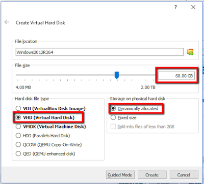 Settings for creating a VHD file
