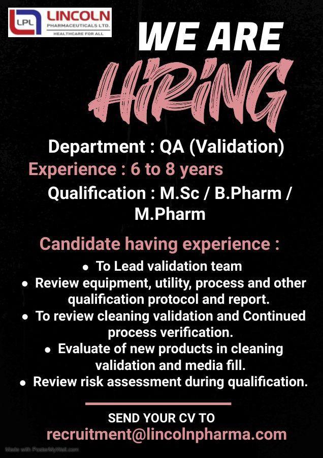 Job Availables, Lincoln Pharmaceuticals Ltd Job Vacancy for MSc/ B Pharm/ M Pharm