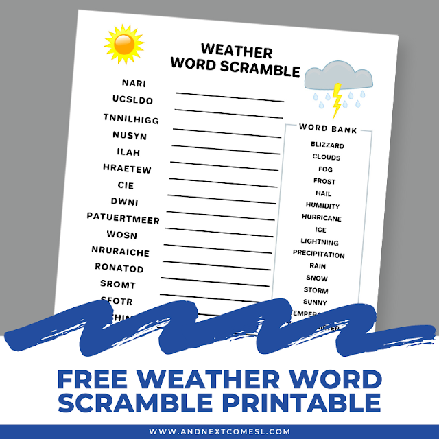Free printable weather word scramble game for kids with answers