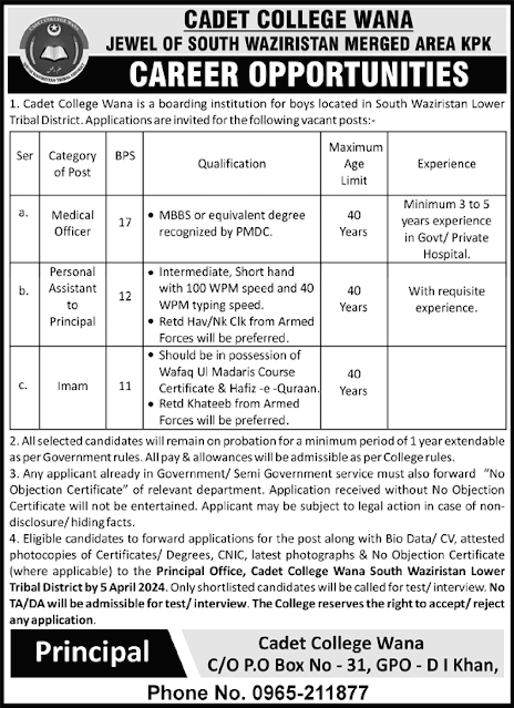 Career Opportunity At Cadet College Dera Ismail Khan 2024