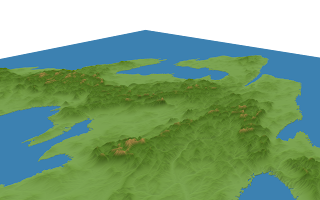 Feorad Isle, Calidar 3D view, post-erosion terrain design, Lambert Conformal Conic Projection