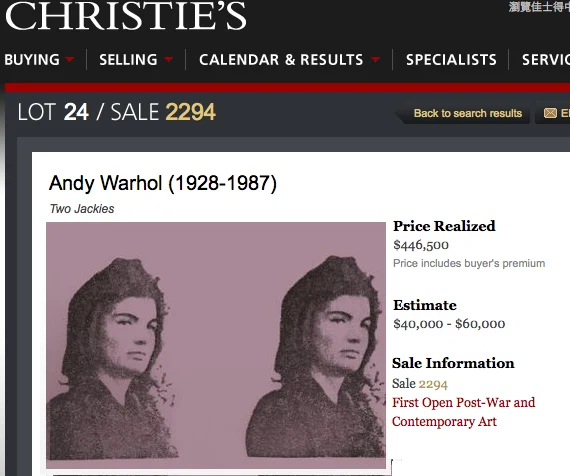Andy Warhol Jackie II Unpublished Proof on Plexiglass Christie's sold for $446.5K