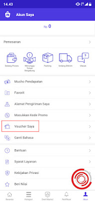 2. Kemudian pilih Voucher Saya bukan di Mucho Pendapatan ataupun di Masukan Kode Promo