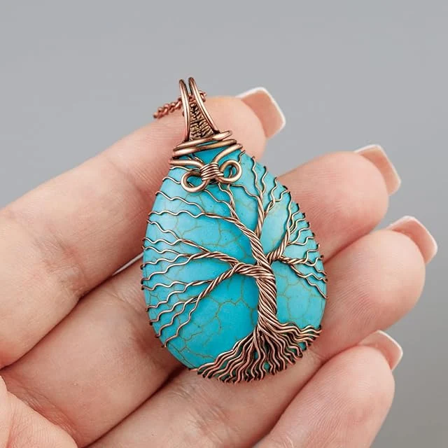 Handmade Tree of Life Blue Turquoise Necklace Healing and Protection Amulet Wire Wrapped Pendant