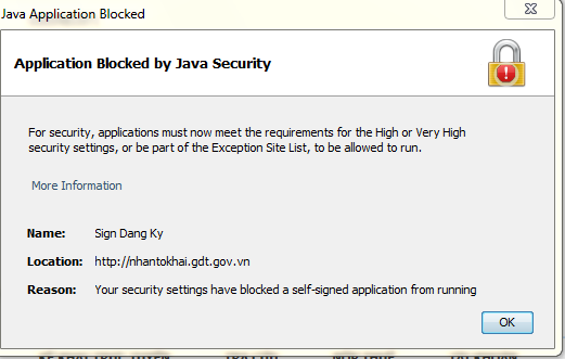 Lỗi Application Blocked By Java Security