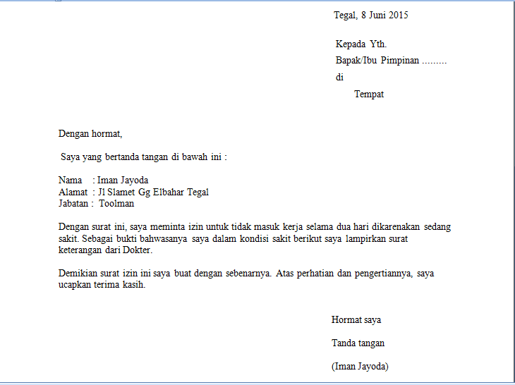 Contoh Surat Izin Sakit Kerja Tanpa Surat Dokter Nusagates