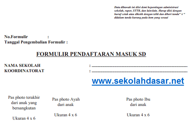 Contoh Formulir Pendaftaran Masuk SD untuk Data NISN dan 