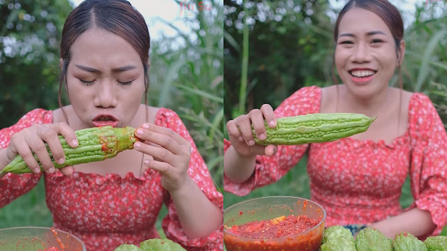 Fresh bitter melon fruit eating with her best chili sauce is not yummy all fans😁