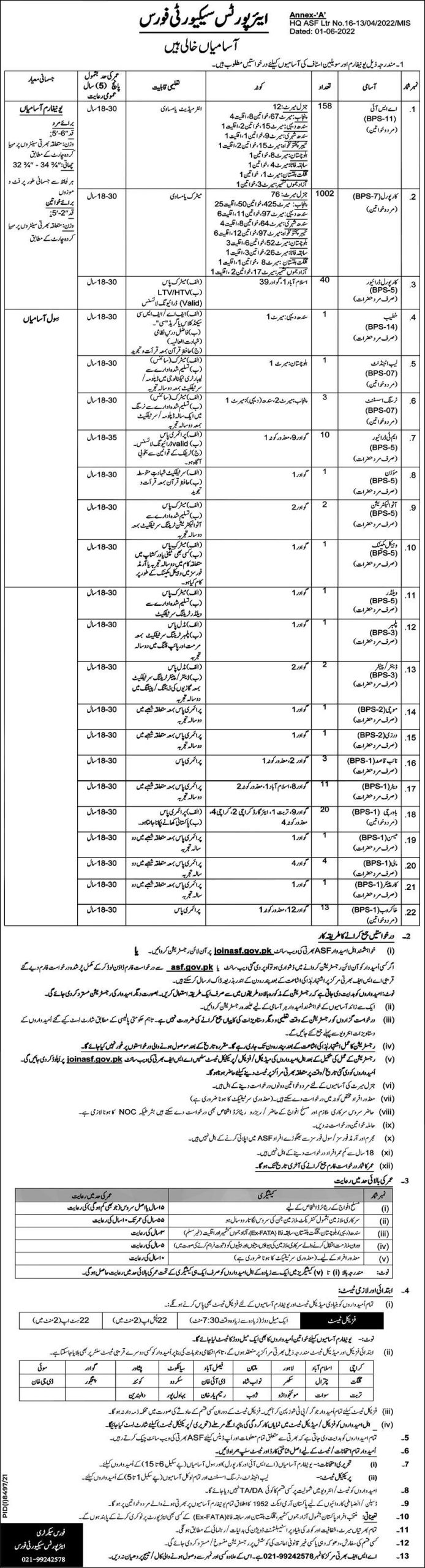 ASF Jobs 2022 Advertisement | Official Website www.joinasf.gov.pk  Intrigued Pakistani Nationals who are youthful, gifted, fiery, and looking for ASF Jobs 2022 Advertisement | Official Website www.joinasf.gov.pk - Airport Security Force Jobs 2022 OR ASF Online Apply Form ought to peruse this post.  Here, we portray total data in regards to Job Descriptions, Vacancies List, Eligibility Criteria Requirements, and Online Application Procedure.  Airport Security Force - ASF Jobs Latest  Posted on:	6th June 2022  Location:	Pakistan  Education:	Intermediate, Matric, Middle, Primary  Last Date:	June 20, 2022  Vacancies:	1250+  Company:	Airport Security Force - ASF  Address:	Force Secretary, Airport Security Force, Rawalpindi  Follow	 Linkedin Page  ASF safeguards the Civil Aviation Industry against unlawful obstructions, embraces counter-psychological warfare measures, forestalls wrongdoing, and keeps up with the rule of law inside the restrictions of air terminals in Pakistan.  This Force was laid out in 1976. Right now, it has in excess of 9 thousand workers. It is selecting more representatives and giving profession open doors to youthful, fiery, and dynamic Pakistani understudies according to its necessities.  The Airport Security Force has reported today second Recruitment Notice in 2022. This Recruitment Notice 2022 of ASF Careers is likewise accessible on the authority site of the Airport Security Force www.asf.gov.pk.  Www.asf.gov.pk Jobs 2022 Online Apply is opening today for the new 1250+ empty places of Uniform and Non-Uniform Staff. Up-and-comers who need to turn into a piece of this power should apply online for any of the beneath depicted positions.  Occupations in Airport Security Force are opening for Assistant Sub Inspector ASI, Corporal, Khateeb, Corporal Driver, Nursing Assistant, MT Driver, Moazzan, Auto Electrician, Vehicle Mechanic, Welder, Plumber, Tailor, Naib Qasid, Waiter, Cook, Mason, Mali, Sweeper, and Carpenter.  These Forces Jobs are opening for Primary, Middle, Matriculation, and Intermediate capability holders. Competitors who are wanted for Corporal or ASI Jobs should fill the Physical Requirements too.  Up-and-comers across Pakistan are qualified to Join ASF. Both Male/Female candidates can go after Uniform and Non-Uniform jobs, yet they ought to satisfy the qualification needs appropriately.  Quantities for every region like Khyber Pakhtunkhwa, Balochistan, Gilgit Baltistan, AJK, Punjab, Sindh, and FATA are recorded in the promotion with the quantity of positions opening here.  Intrigued candidates who wish to go after Uniform Jobs like Assistant Sub-Inspector, Corporal, and Corporal Driver should likewise meet the actual necessities.  Age Limit: 18 to 30 Years  Chest: 32-3/4 to 34-3/4 Inches For Male Only  Level: 5 Feet 6 Inches for Male  Level: 5 Feet 2 Inches - Females  Vacant Positions:  Assistant Sub Inspector ASI  Auto Electrician  Carpenter  Cook  Corporal  Corporal Driver  Khateeb  Mali  Mason  Moazzan  MT Driver  Naib Qasid  Nursing Assistant  Plumber  Sweeper  Tailor  Vehicle Mechanic  Waiter  Welder  ASF Recruitment and Selection Centers for Medical and Physical Tests are opened in Karachi, Islamabad, Lahore, Multan, Faisalabad, Sialkot, Peshawar, Gwadar, Sui, Gilgit, Chitral, Sukkur, Nawabshah, Dera Ismail Khan, Skardu, Quetta, Panjgur, Dera Ghazi Khan, Turbat, Swat, Zhob, Rahim Yar Khan, and Bahawalpur.  Related Links:  Enemies of Narcotics Force ANF Jobs 2022 Online Form  Enlist in Pakistan Army as Medical Cadet Jobs 2022  How to Apply?  Wanted and qualified people can open the ASF Job Portal at www.joinasf.gov.pk for accommodation of online applications.  Just Online Registration is satisfactory. Up-and-comers who don't approach the Internet Facility or confronting issue with Online Registration can download the Application Form and submit it to the closest Recruitment Center.  ASF Jobs Advertisements