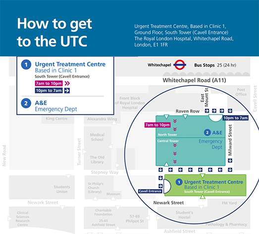 Map of the Royal London Hospital site detailing where to go for different health needs.