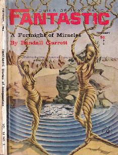 Cover by Heidi Coquette of Fantastic Stories of Imagination magazine, February 1965 issue, illustrating the story A Fortnight of Miracles by Randall Garrett