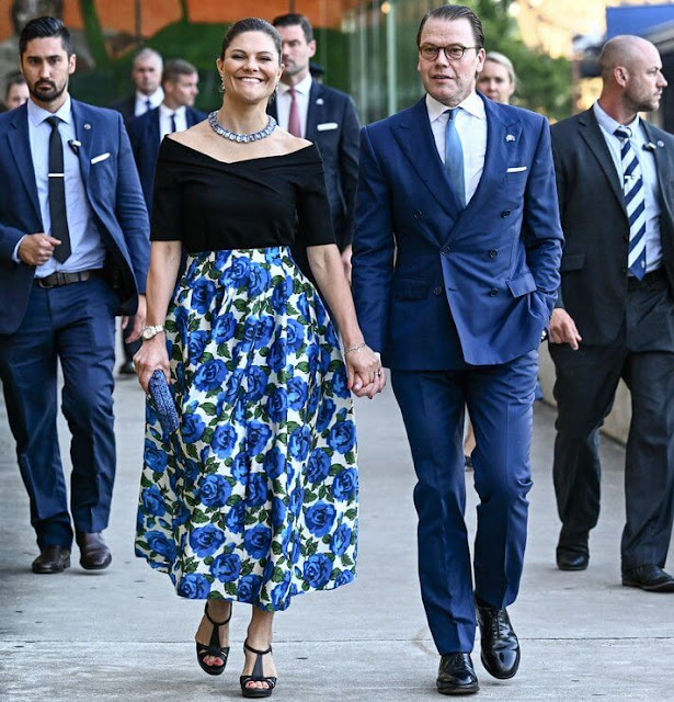 Crown Princess Victoria wore a new floral-print flared skirt by Philosophy Di Lorenzo Serafini, and black top