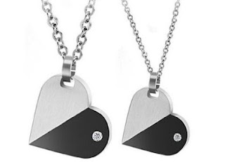 His or Hers Matching Set Titanium Couple Pendant Necklace Korean Love Style with Cubic Zirconia Stone in a Gift Box -NK342 