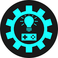 An icon representing game-dev tutorials: It shows a gear, a light bulb, and a video-game controller.