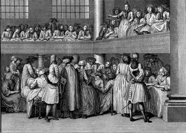 Собрание квакеров в Лондоне: женщина-квакер проповедует (около 1723 г.)