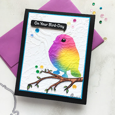 DIY stencil, Altenew Bird of the woods, Bird card, On your bird day, Stenciled bird, rainbow strnciling, quillish, AECP - beyond basic background