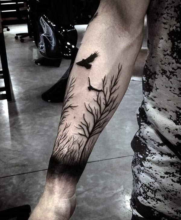 gorgeous forest art ideas trees with ravens black work tattoo designs for the guys right forearm