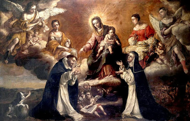 A painting of Our Lady giving the Rosary to St. Dominic