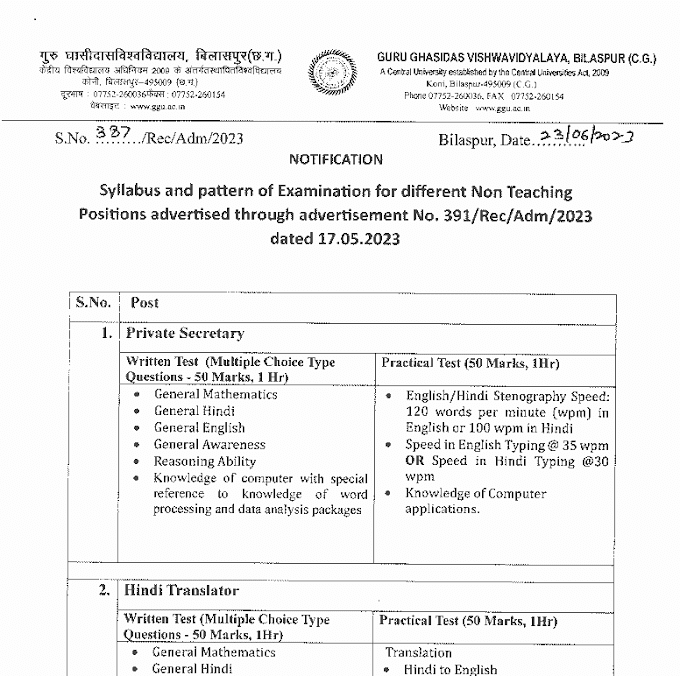 GGU RECRUITMENT NOTICE | गुरु घासीदास विश्वविद्यालय बिलासपुर में विभिन्न नॉन टीचिंग तृतीय एवं चतुर्थ श्रेणी के भर्ती नियम