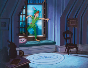 Peter Pan exiting through a window