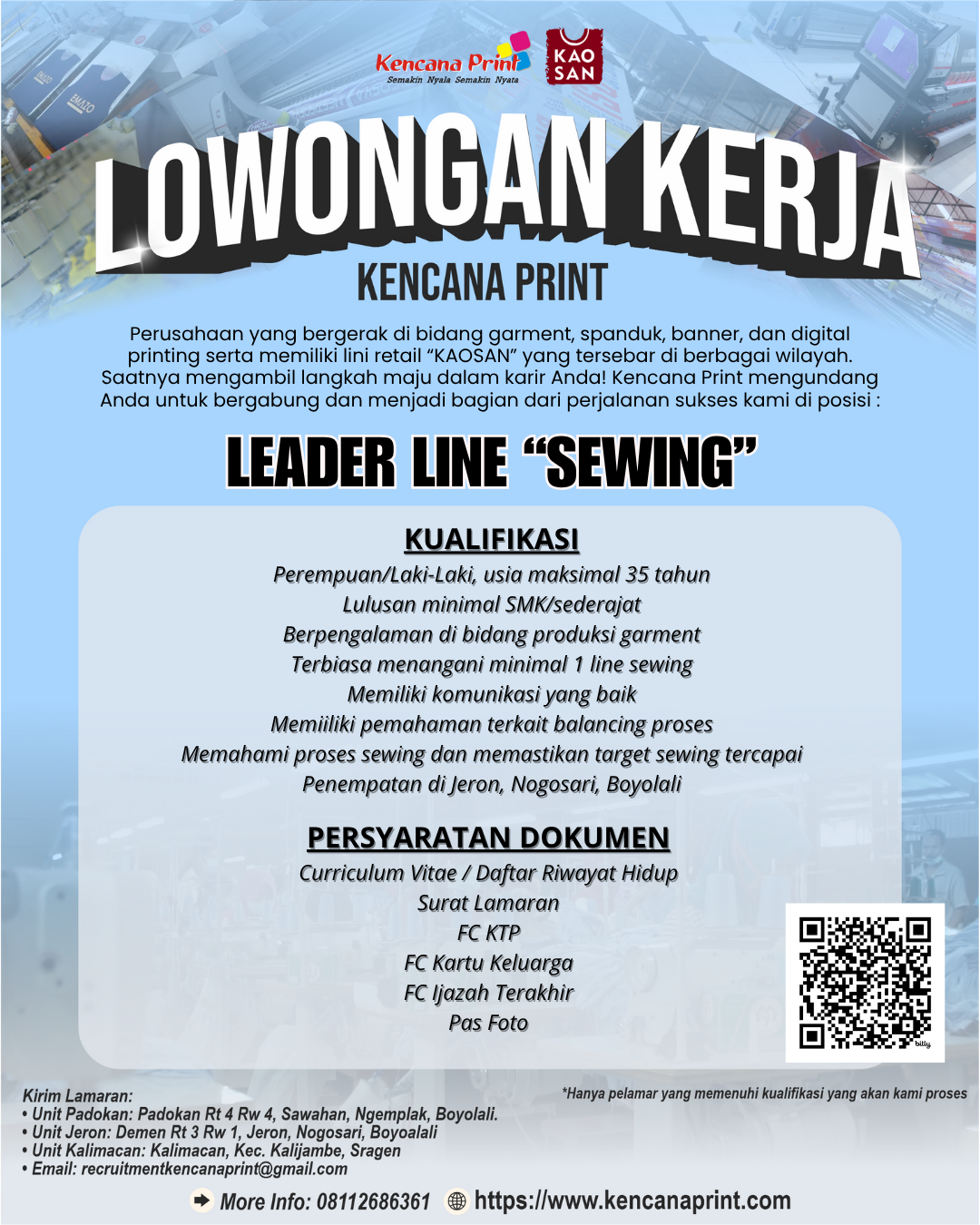 Loker Sragen dan Boyolali di Kencana Print Staf Design, Leader Line, SPV Digital Printing, dll