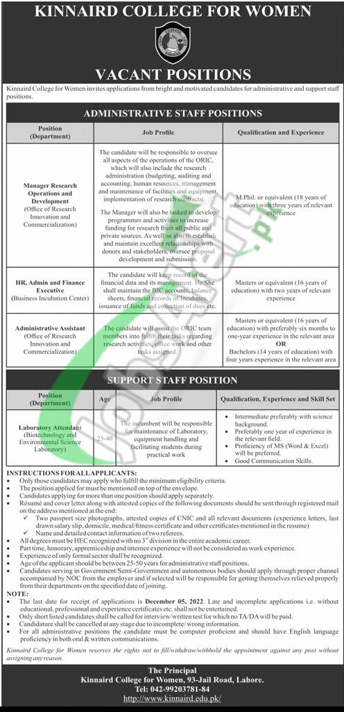 Kinnaird College Jobs 2022 for Non-Faculty Staff Male & Female