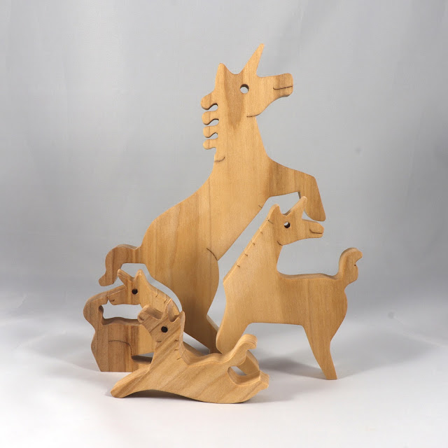 Wood Puzzle, Unicorn Family, Mom, and Babies, Handmade and Finished with Mineral Oil and Beeswax, Freestanding Stackable Toy Fantasy Animal