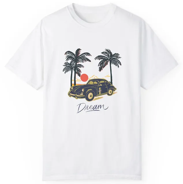Comfort Colors Vintage Car T-Shirt With Dark Blue and Brown Beach Illustrative Vintage Car and Text Dream