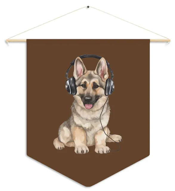 Pennant With Graphic of Black and Cream Young German Shepherd Wearing Headphones