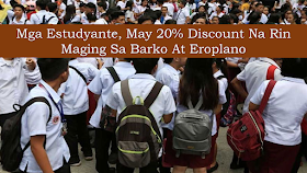 The students may now enjoy fare discounts not only in public land transportation but also in ships and airplanes. It is through the new law which was recently signed by President Rodrigo Duterte.        Ads    President Rodrigo Duterte approved a law giving 20% discount to students on all modes of public transport including air and ship fares.   Republic Act 11314 provides for a 20-percent student discount for regular domestic fares of all kinds of public transportation utilities including buses, jeepneys, taxis and tricycles, passenger trains, aircraft and marine vessels for the entire time that they are enrolled.  Student discounts are being implemented but only limited to land transportation.  Students should present a valid identification card or enrollment form.  Discount for airlines will only be applied to base fare or the price of tickets before taxes.    Ads          Sponsored Links    Students who can avail the discount are those from elementary, secondary, technical and vocational, or higher education institution.  Graduate degree students, short-term courses or driving students are excluded from the discount provision.  Availing of double discounts is prohibited under the law.