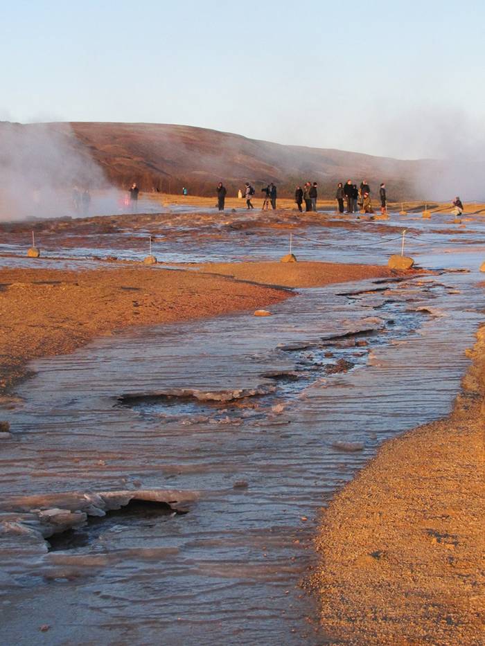 Strokkur (Icelandic for "churn") is a fountain geyser in the geothermal area beside the Hvítá River in Iceland in the southwest part of the country, east of Reykjavík. It is one of Iceland's most famous geysers, erupting about every 4–8 minutes 15 – 20 m high, sometimes up to 40 m high.