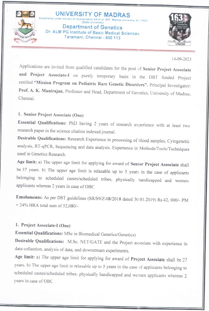 Biomedical Genetics Project Openings @ University of Madras