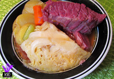 Corned Beef, vegetables (cabbage, onions, celery and carrots) cooked in a pressure cooker (Instant Pot or GoWise)